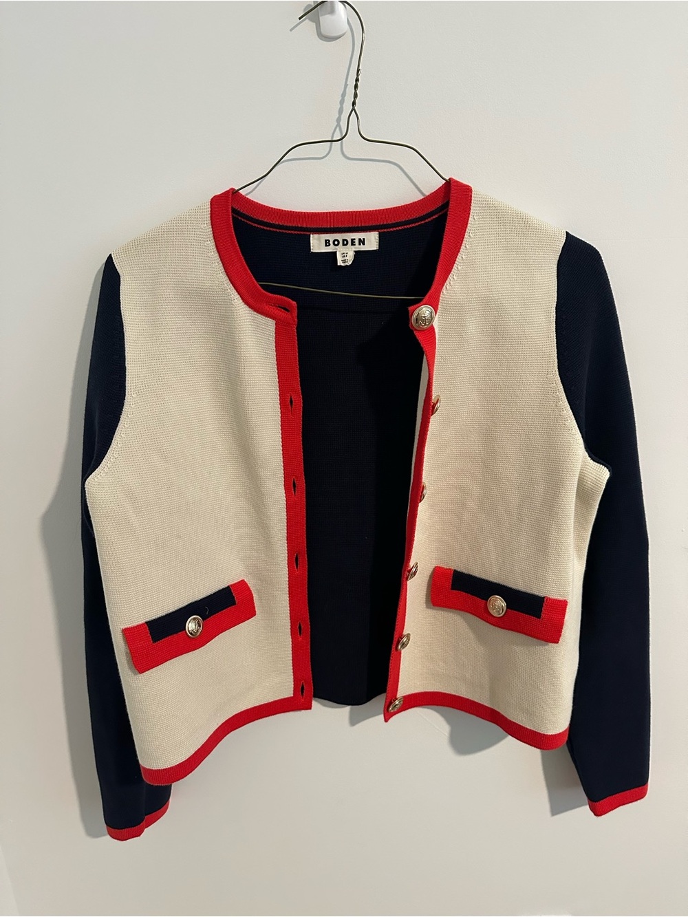 Boden Navy Colorblock Crewneck Sweater with Red Trim